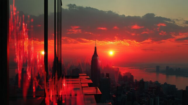 Empire State Building at Fiery Sunset From Skyscraper, Representing Urban Grandeur and Financial District Investment : Generative AI