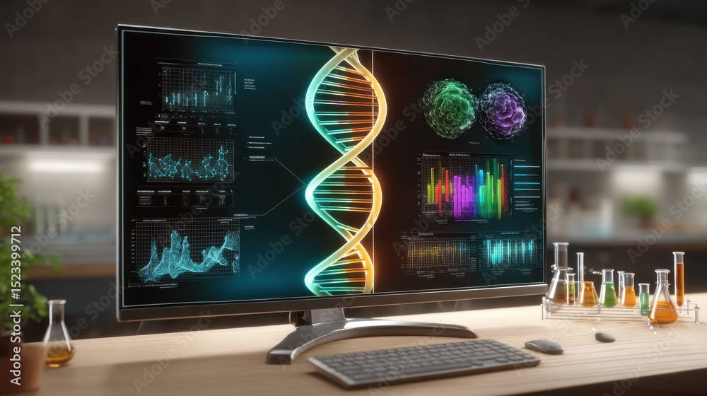 Poster DNA Strand on Computer Screen Displaying Data Analysis, Representing Scientific Research and Technological Innovation in Healthcare : Generative AI