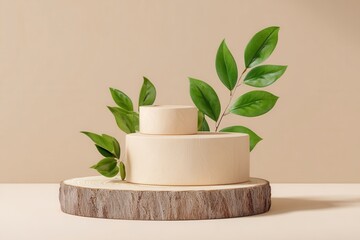 Wood Podium with Green Leaf Background