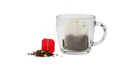 Transparent Tea Cup with Teabag and Red Label Isolated Still Life