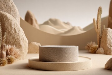 Product Stand in Desert Setting with Sand Dune and Cactus