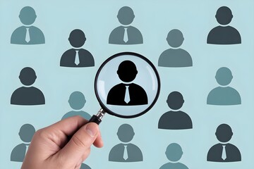 Talent Search and Recruitment Concept – Hand Holding Magnifying Glass Over Candidate Icons Representing Talent Acquisition, Employee Selection, and Human Resources Strategy