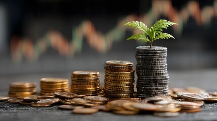 Financial growth represented by plant growing on coins