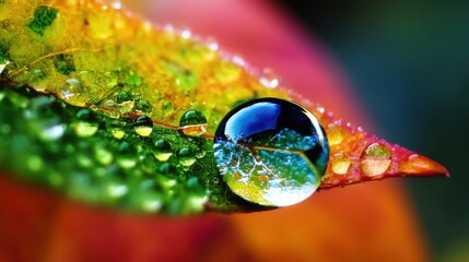 Naklejka premium Water Droplets on Colorful Leaf Reflecting Nature's Beauty, Symbolizing Freshness and Environmental Awareness for Sustainable Living Campaigns : Generative AI