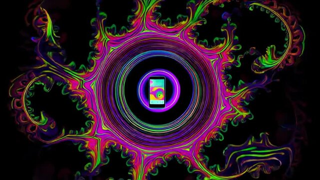 Psychedelic Mandala AI ART The abyss of the soul draws ripples like smoke or Fibonacci fractals from the center with a beautiful gradation on a black background