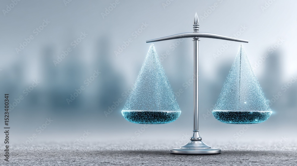 Aufkleber digital scales of justice with glowing particles against cityscape, representing legal tech and data