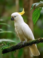 Sulphur Crested Cockatoo Perched on Mossy Branch in Rainforest, Showcasing Wildlife Conservation and Ecotourism Potential : Generative AI