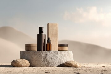 Cosmetic Products on Stone Platform in Desert
