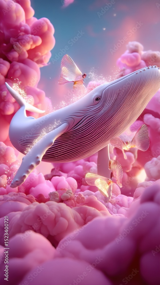 Aufkleber dreamy whale floating in pink clouds with butterflies, symbolizing imagination and creative wonder f