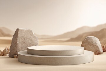 Round Podium with Rocks on Desert Background