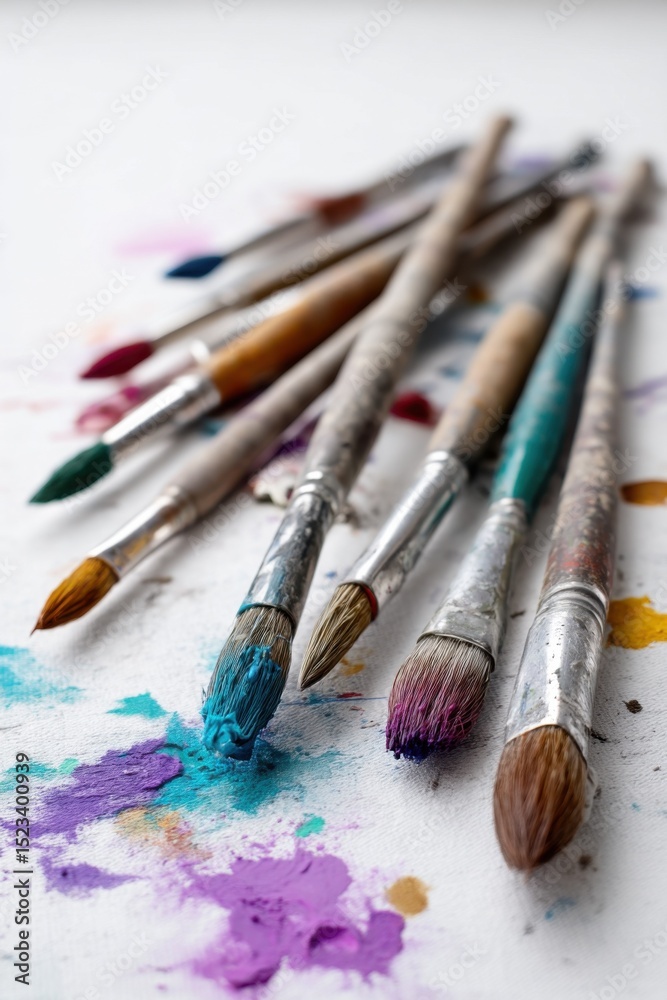 Aufkleber paintbrushes covered in colorful paint on canvas, illustrating artistic expression and creative insp