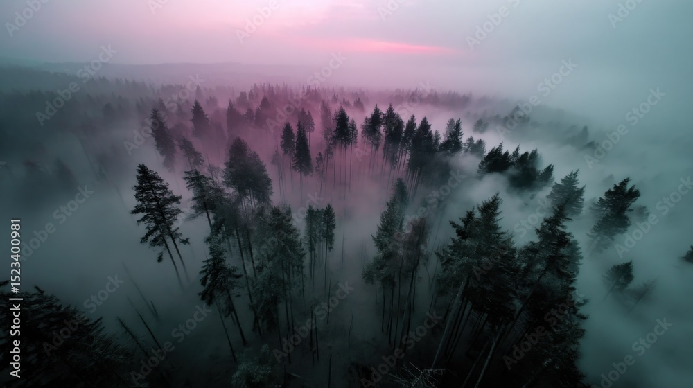 Aufkleber aerial view of forest in fog at dusk, representing serenity and environmental conservation with a se