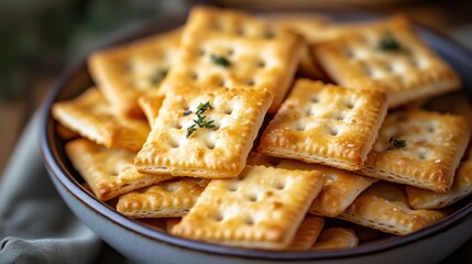 Bowl Full of Golden Brown Crackers Garnished With Thyme, Representing Comfort Food and Culinary Tradition, Perfect for Food Bloggers and Recipe Developers : Generative AI