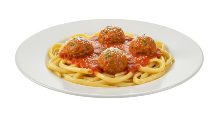 Fototapeta premium Isolated PNG Of Spaghetti And Meatballs On White Plate Meal