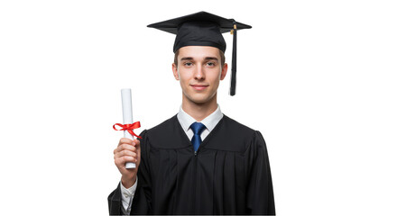 Isolated Portrait Of A Happy Graduate Man In Black Gown With Diploma