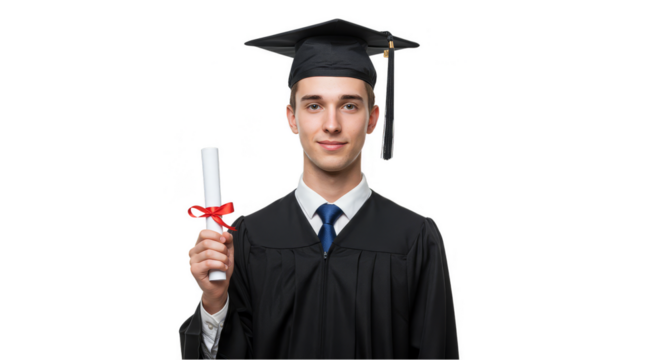 Isolated Portrait Of A Happy Graduate Man In Black Gown With Diploma