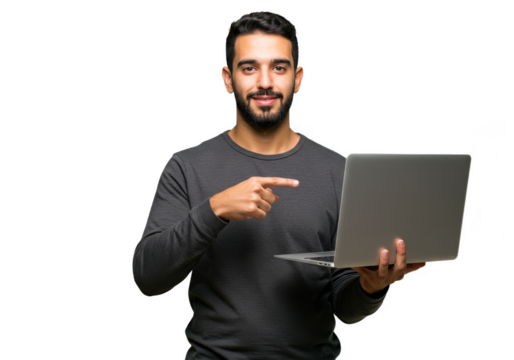 Isolated Portrait Of A Handsome Man Holding Laptop And Working Online