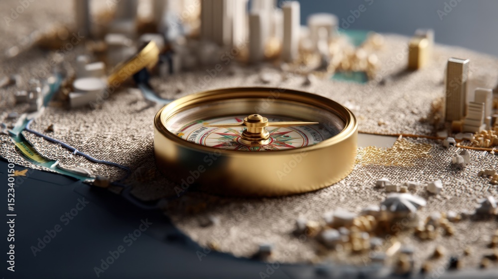 Poster golden compass on detailed topographic map with city models, symbolizing strategic planning and glob