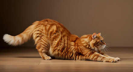 Obraz premium A ginger cat stretching on a wooden floor, studio style, fashion photography style