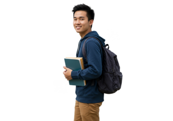 Isolated Portrait Of Smiling Asian Student With Backpack Books PNG