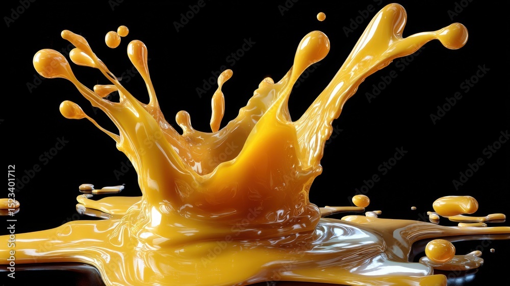 Poster golden liquid splashing against black backdrop, showcasing fluid dynamics and product presentation f