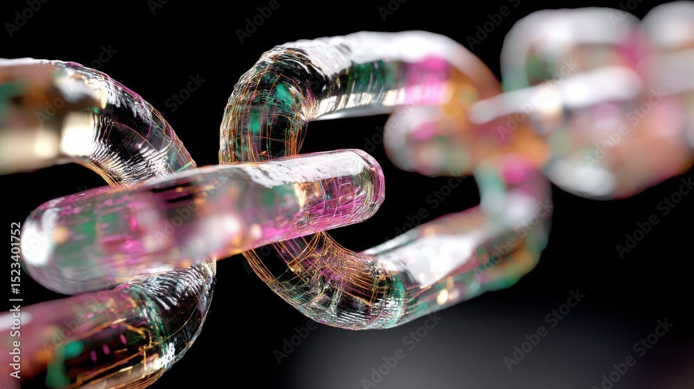 Poster Close-Up of Glass Chain Links Against Black Backdrop, Symbolizing Digital Security and Blockchain Technology for Modern Infrastructure : Generative AI