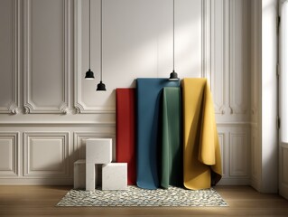Colorful Fabrics Leaning Against Wall in Bright Room, Showcasing Interior Design and Material Selection for Home Improvement Projects : Generative AI