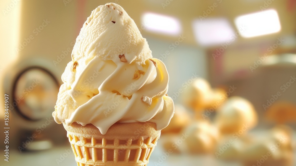 Poster vanilla ice cream cone with toppings, representing summer indulgence and childhood memories, perfect