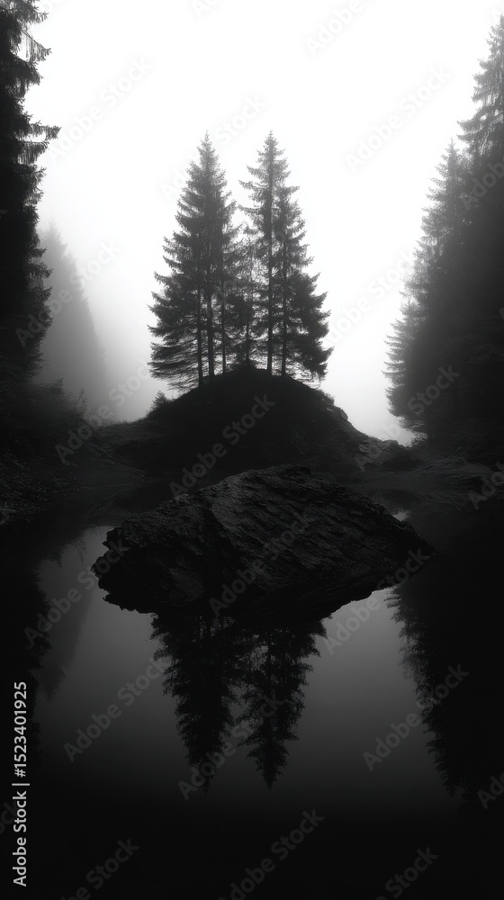 Poster monochromatic forest scene with fog and lake reflection, evoking solitude and serenity for travel an