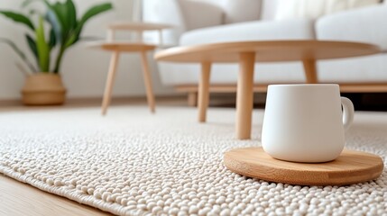Minimalist Living Room with Mug on Wooden Coaster, Representing Home Comfort and Relaxation for Interior Design Projects and Lifestyle Content : Generative AI