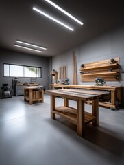 Modern Woodworking Shop Interior With Workbenches and Power Tools, Showcasing Craftsmanship and Industrial Design for Home Improvement Projects : Generative AI