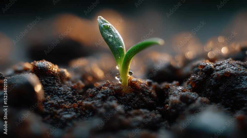 Poster tiny sprout emerging from soil with water droplets, symbolizing growth and environmental stewardship