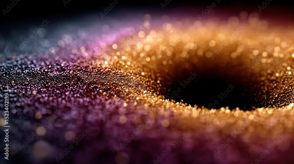 Poster abstract glittering particle field in purple and gold, representing scientific discovery and technol