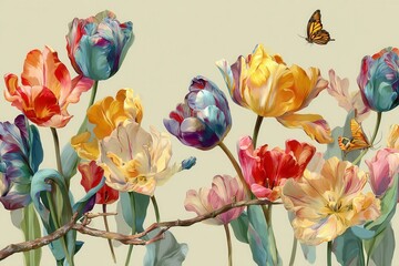 Colorful Tulips with Butterflies Floral Art