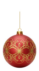 Isolated Red Christmas Ball Ornament with Gold Design on Transparent Background
