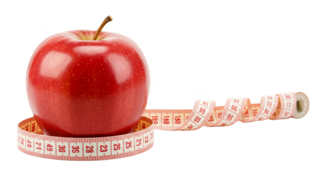 Isolated Red Apple with Measuring Tape for Diet Control on Transparent