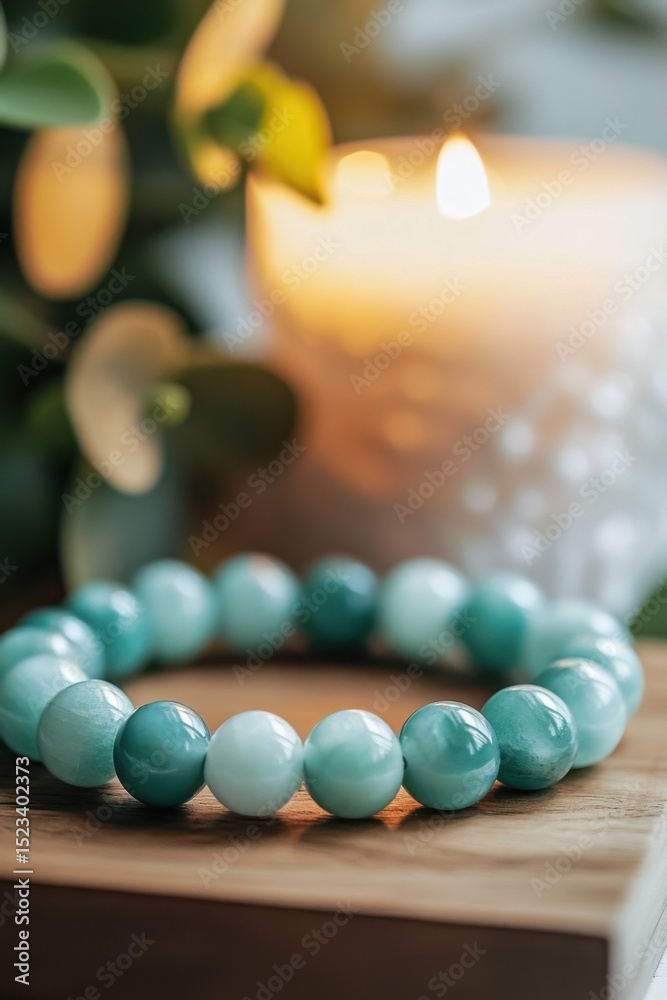 Poster close-up of a serene amazonite bracelet with a lit candle, symbolizing wellness and mindfulness for 