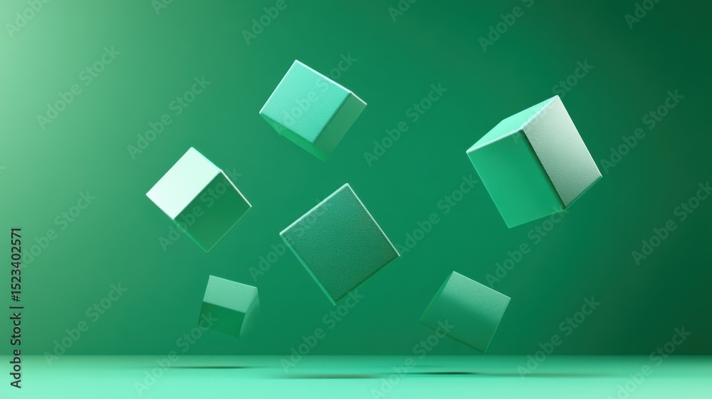 Poster Floating Green Cubes on a Green Background, Symbolizing Innovation and Modern Technology, Ideal for Presentations and Creative Projects, Representing Growth : Generative AI