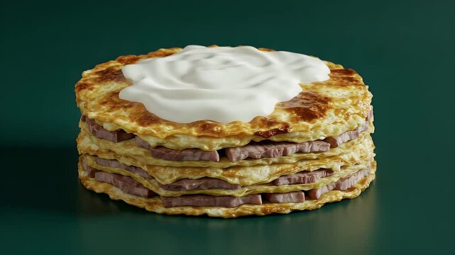 Stack of blini pancakes with meat and cream