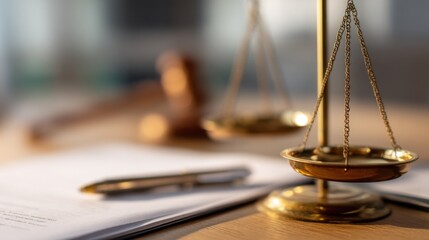 Scales of Justice on a Wooden Desk With Contract and Pen, Symbolizing Legal Services and Ethical Business Practices in a Courtroom Setting : Generative AI