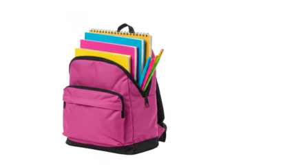 Isolated Studio Shot of Pink School Backpack Overflowing with Books