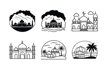 Fototapeta premium Mosque Icons Elegant Black and White Illustrations of Islamic Architecture