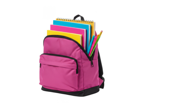 Isolated Studio Shot of Pink School Backpack Overflowing with Books
