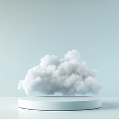 Abstract pastel blue background with fluffy cloud and minimalist platform