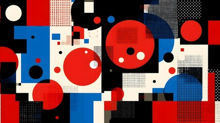 Geometric abstract composition with circles and squares in red blue black and white