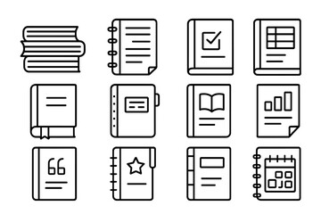 Set of twelve academic notebook and book icons on dark background