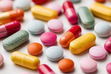 Colorful Pills and Capsules on White Background