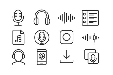 Audio recording and music icons in black and gray digital vector set