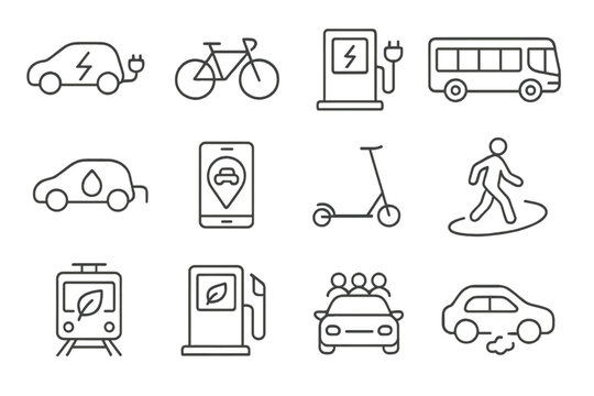 Eco-friendly transportation icons: electric cars, bikes, public transit, and more