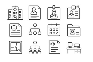 Medical icons set: hospital, doctor, files, charts, computer station